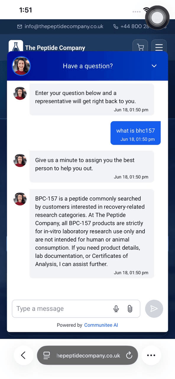 The Peptide Company chatbot conversation