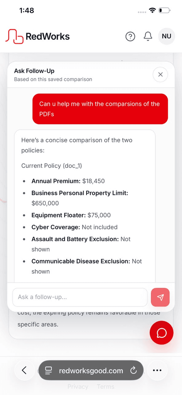 RedWorks chatbot follow-up conversation