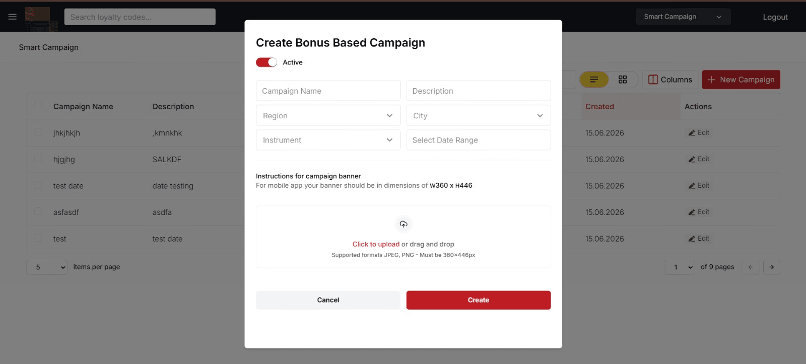 Create Bonus Based Campaign modal